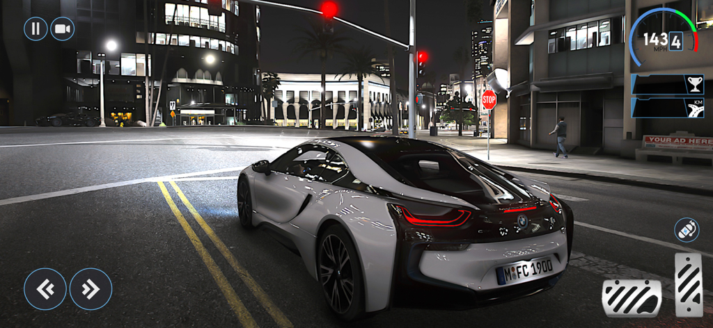 Real Highway Car Driving games - A white sports car driving through a detailed city environment at night in the Real Highway Car Driving game