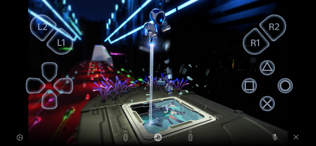 Interface da aplicação móvel PS Remote Play mostrando uma sobreposição de comando virtual no ecrã de um jogo PlayStation