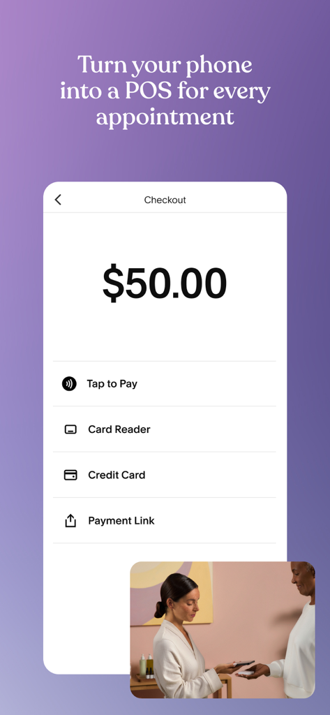 Écran de paiement de l'application mobile Acuity Scheduling proposant des options de paiement comme le Tap to Pay et le lecteur de carte.
