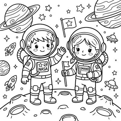 Ignite your child's imagination with this delightful coloring page featuring two brave astronaut commanders ready for a space adventure. This fun design is perfect for young artists to explore planets, rockets, and stars while bringing their space dreams to life.