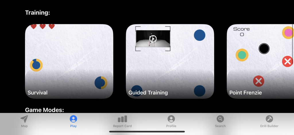 HeadsUpHockeyAI app interface showing different training game modes including Survival Guided Training and Point Frenzie