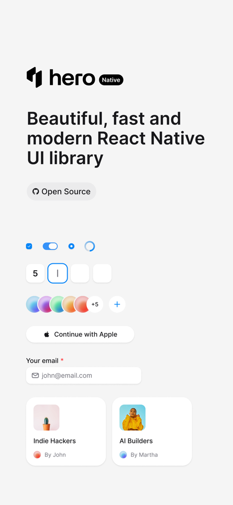 HeroUI Native - HeroUI Native app screen displaying a variety of modern React Native UI components including buttons inputs and cards