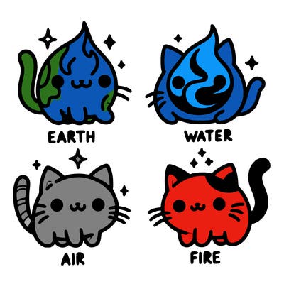 4 cats that represent the different elements, earth, water, air, and fire