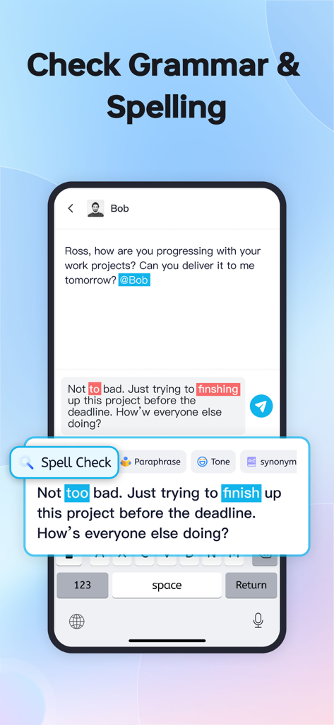 TypeEasy-AI Keyboard & Writer - TypeEasy AIキーボードインターフェース。チャット会話中にリアルタイムで文法とスペルを修正している様子を表示。