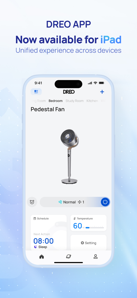 DREO - DREO app interface showing smart pedestal fan controls and iPad availability announcement