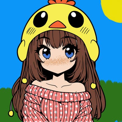 anime girl with chick shaped hat with sweater with bare shoulders with bangs covering them one eye with low tail