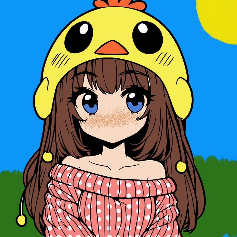 anime girl with chick shaped hat with sweater with bare shoulders with bangs covering them one eye with low tail