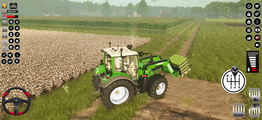 Pro Tractor Farming Simulator - A green tractor with a front loader carrying plants in a realistic 3D farming simulation game