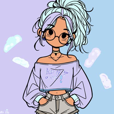 girl with a messy ponytail glasses a baggy crop top and jean shorts