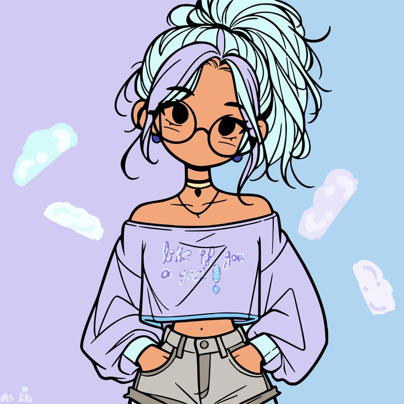 girl with a messy ponytail glasses a baggy crop top and jean shorts