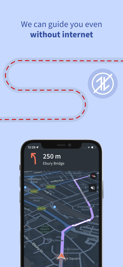 Sat Nav Maps, GPS & Traffic - Pantalla de smartphone mostrando navegación GPS con una ruta en un mapa y un texto indicando que la guía funciona sin internet