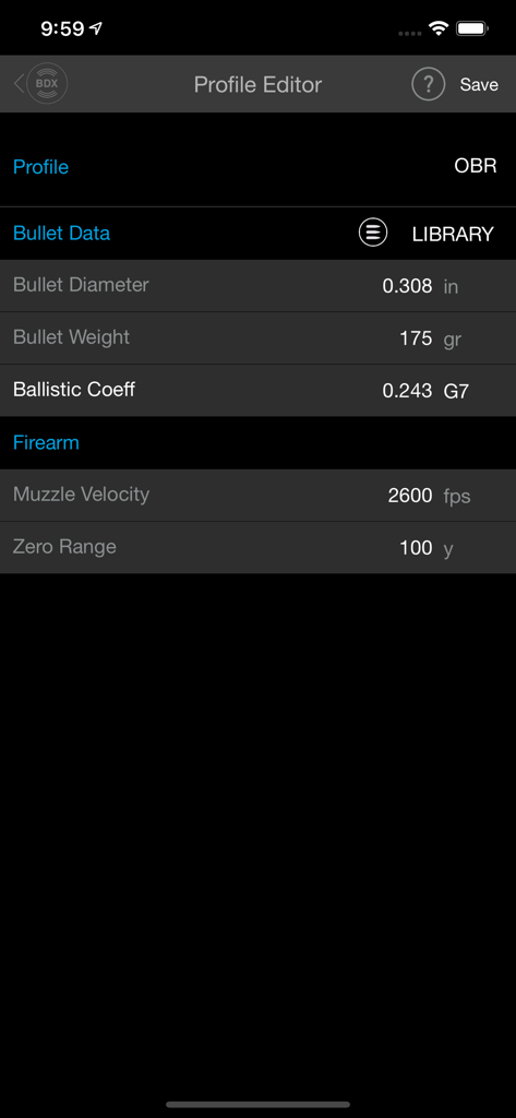 SIG BDX app profile editor screen showing bullet and firearm ballistic data