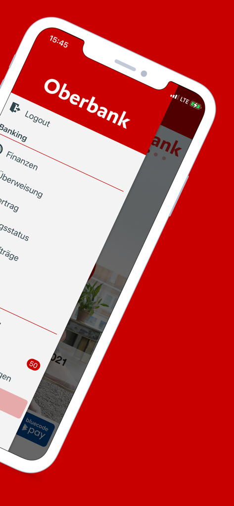 Oberbank - Side menu navigation of the Oberbank mobile banking app