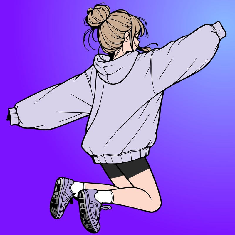 realistic girl jumping with a bun and oversized sweatshirt
