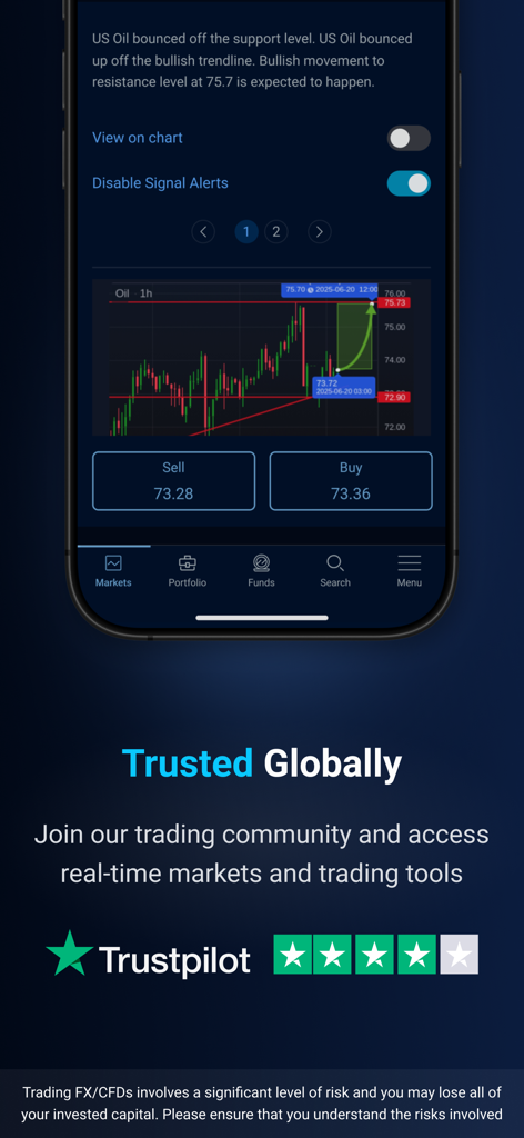 Xtrade - Online Trading - Xtrade mobile app interface showing a US Oil trading signal with a price chart and Trustpilot rating