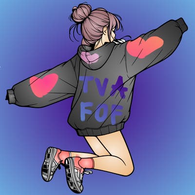 realistic girl jumping with a bun and oversized sweatshirt