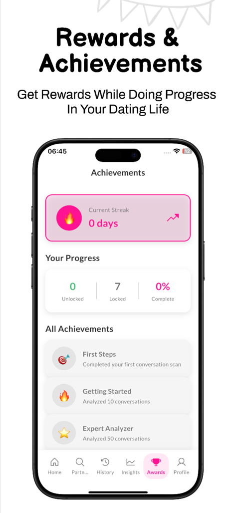 Red Flag Scanner Ai - Interface of Red Flag Scanner AI showing the rewards and achievements screen with user progress and streaks