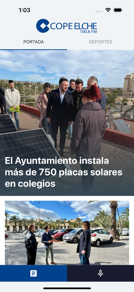 Captura de pantalla de la aplicación de noticias Cope Elche mostrando un titular sobre la instalación de paneles solares en escuelas locales