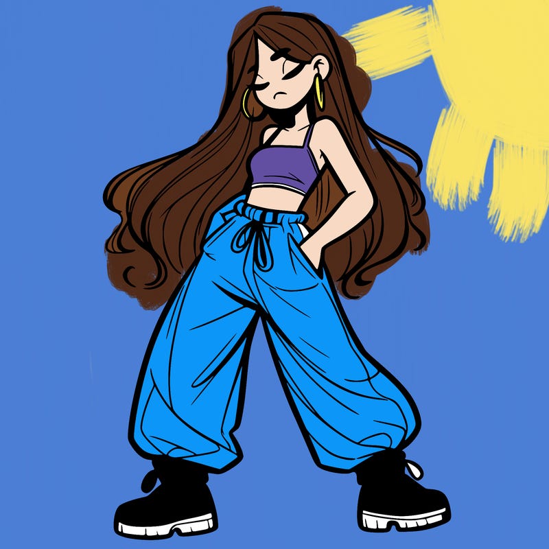 girl in baggy pants crop top and long hair