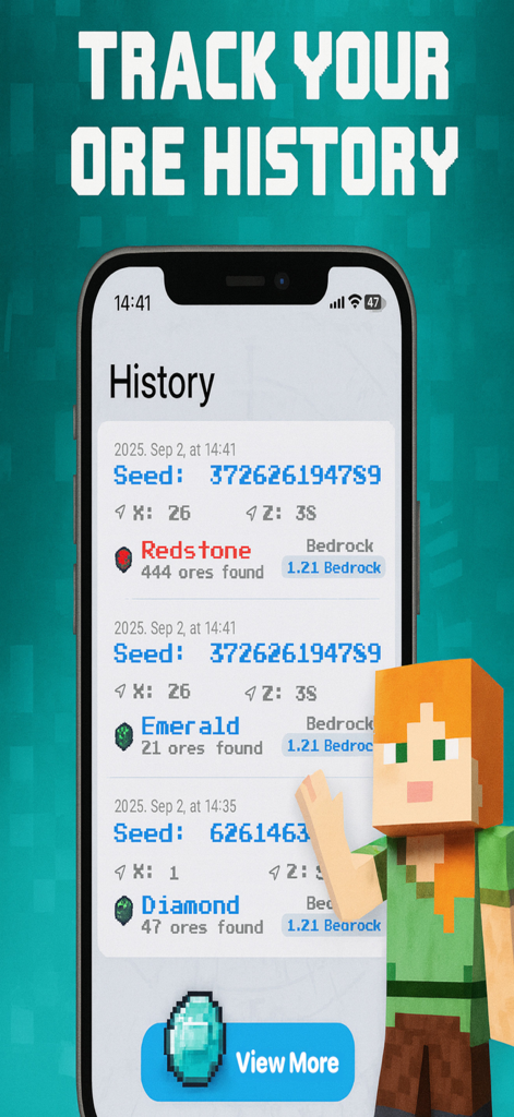 Diamond Finder Minecraft X-Ray - A mobile interface showing a history of searched Minecraft seeds and found ore coordinates like diamonds and emeralds.