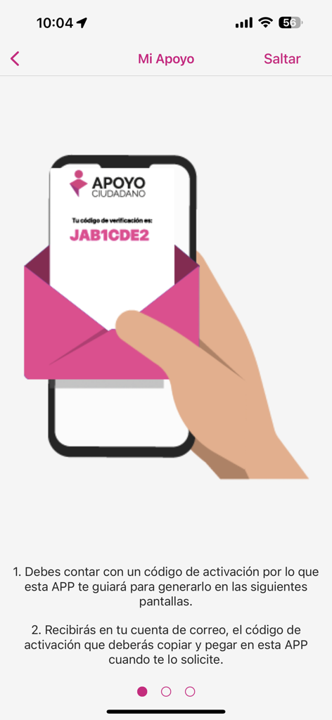 Écran d'instruction dans l'application INE Soutien Citoyen expliquant comment recevoir et utiliser un code d'activation par e-mail.