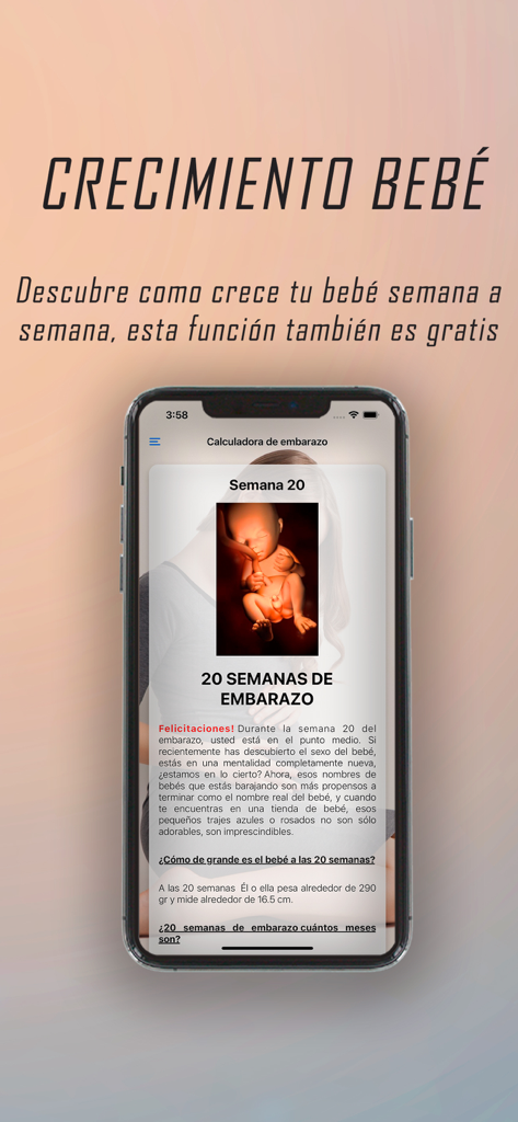 App Ecobebé - Pantalla de la aplicación Ecobebe que muestra 20 semanas de embarazo con una imagen de ultrasonido 5D e información sobre el crecimiento del bebé.