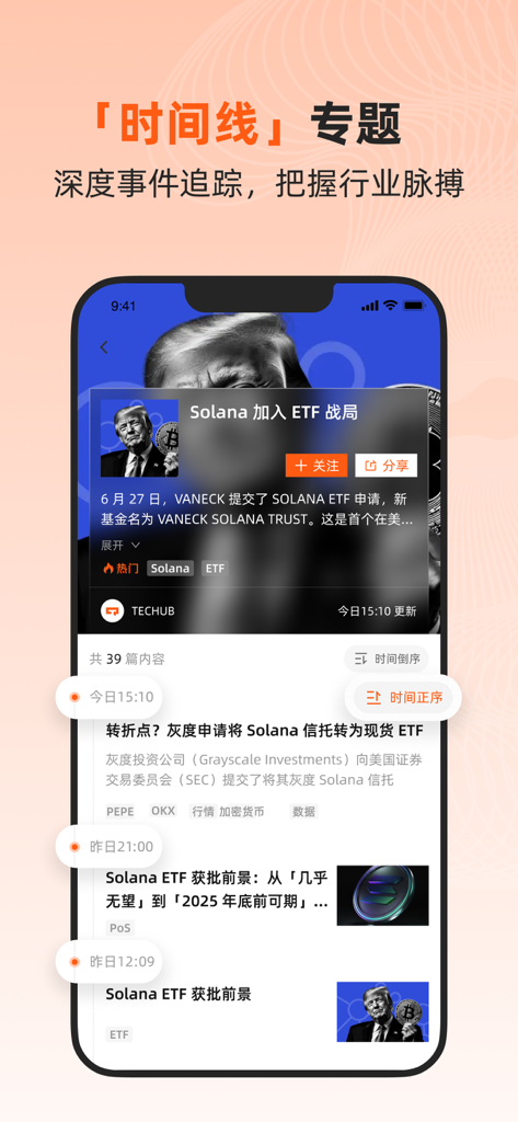 Techub News app interface showing a timeline of news events related to Solana ETF in Simplified Chinese