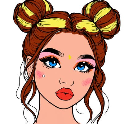 realistic girl with two buns on her hair and lips