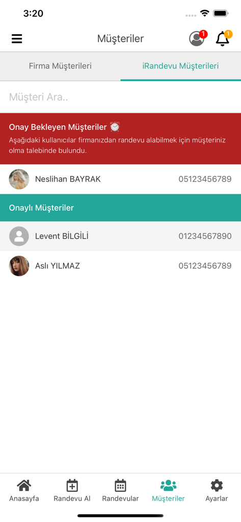 Simple Appointment App customer management screen displaying pending and approved client lists