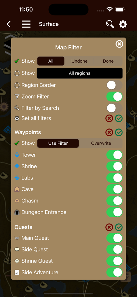 Tears Companion - Map filter settings menu in the Tears Companion app showing waypoint and quest toggles