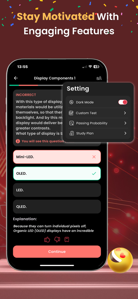 CompTIA A+ Practice Test 2026 - Die Benutzeroberfläche der CompTIA A plus Practice Test App, die das Einstellungsmenü und das Feedback zu Übungsfragen zeigt.