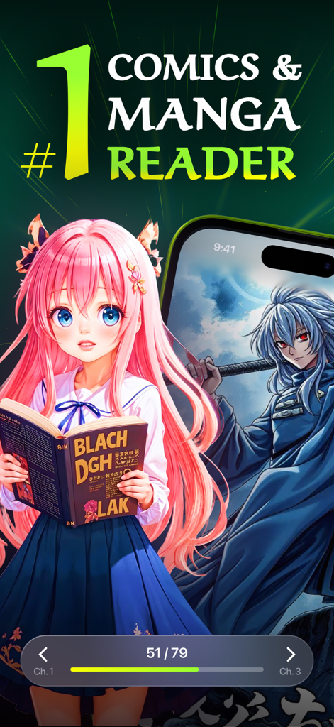 Interfaz de la aplicación MangUp mostrando el lector de manga con personajes de anime y barra de progreso