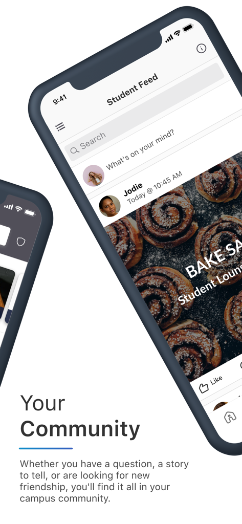 Application mobile de l'Université de Tasmanie montrant le fil de la communauté étudiante et une publication sur le mur du campus.
