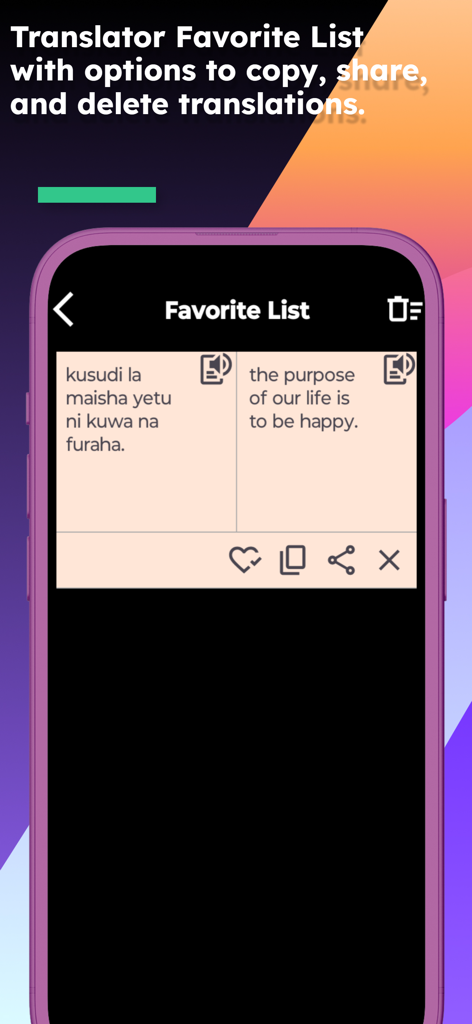 English Swahili Translator - The favorite list screen of the English Swahili Translator app showing a saved Swahili to English translation with sharing and deletion options.