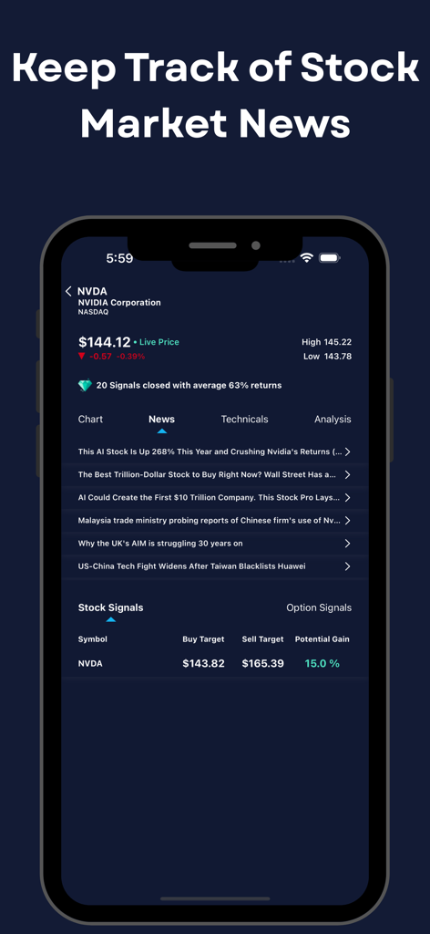 Autopilot AI Stocks Alerts - Autopilot AI app screen showing live stock news and trading signals for NVIDIA