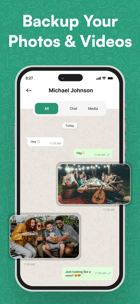 Whats Web Dual Messenger App - Interface of Whats Web app displaying the photo and video backup feature within a chat history