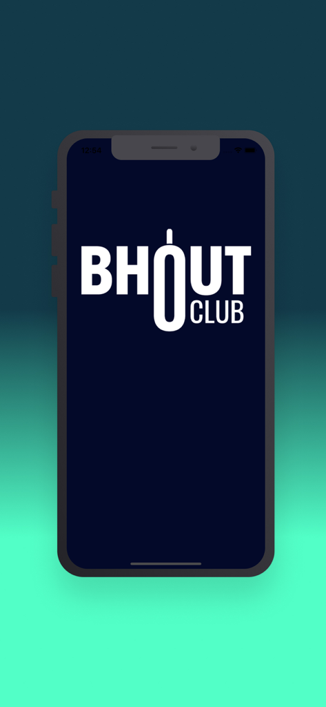 BHOUT Club 부티크 피트니스 및 복싱 앱 스플래시 화면에 스마트폰에 표시된 로고