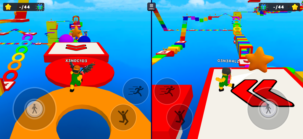 Split screen gameplay showing two players racing through a colorful 3D parkour obstacle course tower