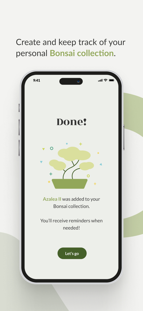 Bonsai Care App - Bonsai Care App screen confirming a tree was added to the collection.