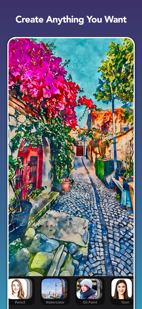 BeCasso: Photo to Painting App - Ein Foto einer Kopfsteinpflasterstraße mit leuchtend rosa Blumen, das mit den künstlerischen Filtern der BeCasso-App in ein Aquarellgemälde verwandelt wurde.