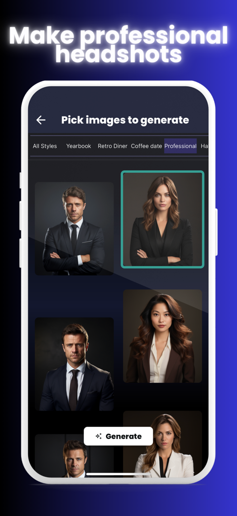 Interface do aplicativo mostrando opções de retratos profissionais gerados por IA para perfis de negócios