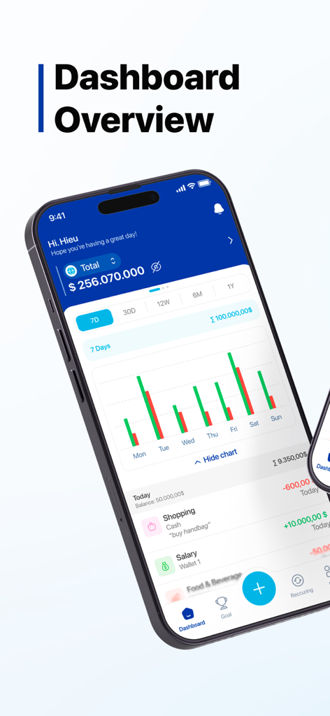 MoneyNote: Save and Track - Minimalist mobile app dashboard showing financial overview with spending charts and recent transactions