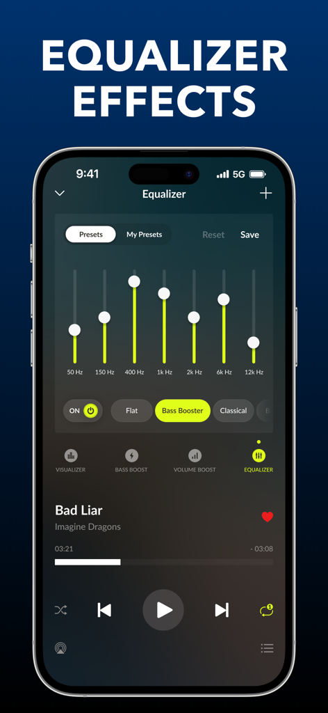 Equalizer Fx app interface showing a 7-band equalizer with the Bass Booster preset selected.