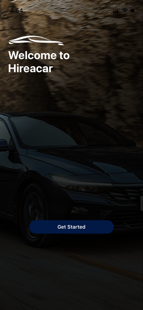 Hire A Car - 시작 버튼이 있는 Hire A Car 모바일 앱 환영 화면