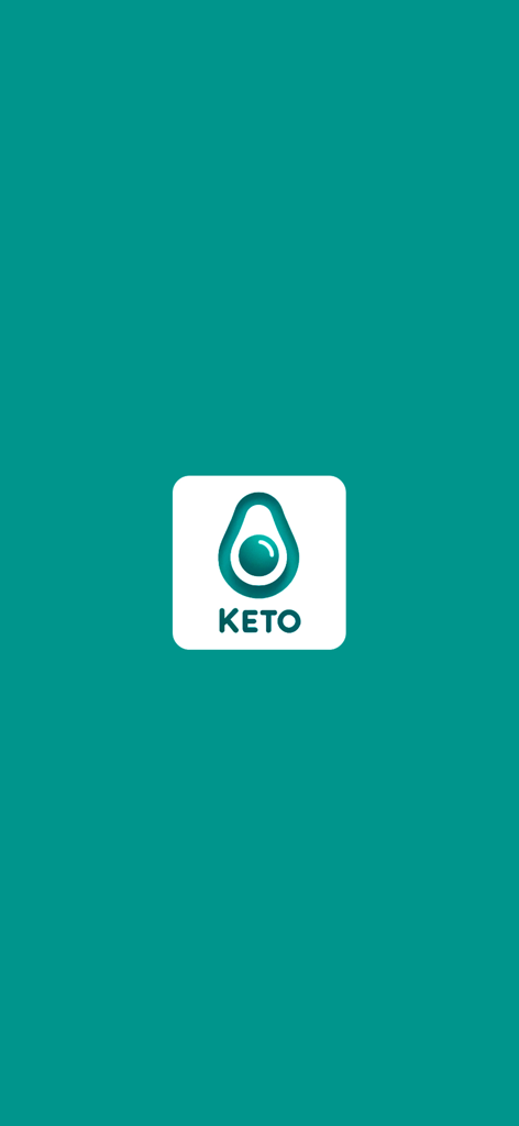 Pantalla de inicio de la aplicación Dieta Keto con un logo de aguacate sobre un fondo verde azulado.