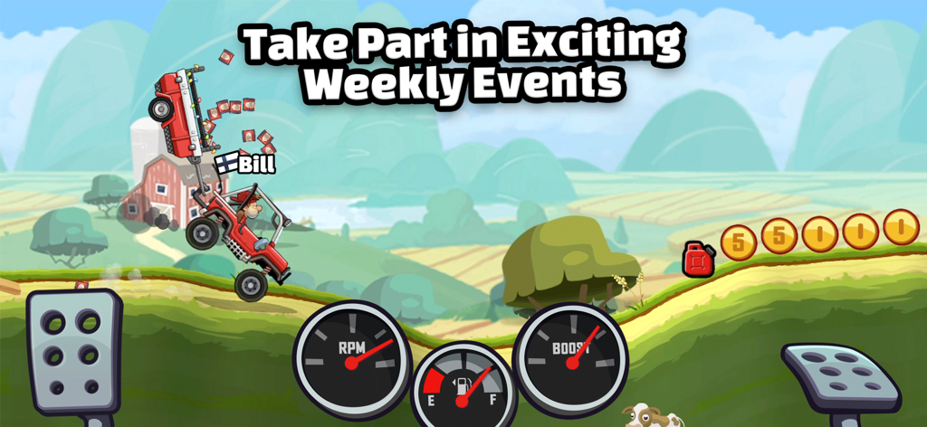 Gameplay von Hill Climb Racing 2 zeigt einen roten Jeep, der auf einer Bauernhofstrecke springt, mit Ankündigung für wöchentliche Events