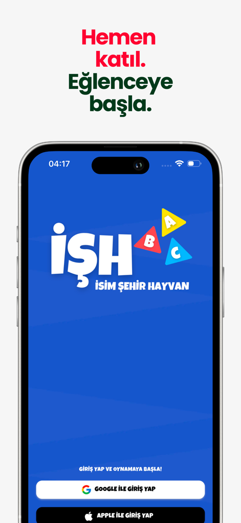 İsim Şehir Hayvan Online - Login screen for the Isim Sehir Hayvan Online mobile app with Google and Apple sign in options