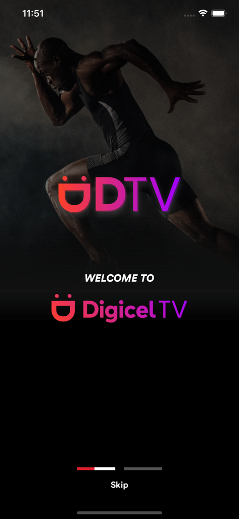 DigicelTV - Pantalla de bienvenida de la aplicación DigicelTV con un fondo de atleta deportivo y el logo DTV