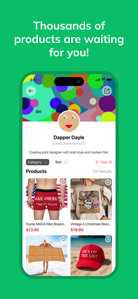 Captura de pantalla de la app Printerval mostrando una página de perfil de creador con ropa personalizada y regalos personalizados