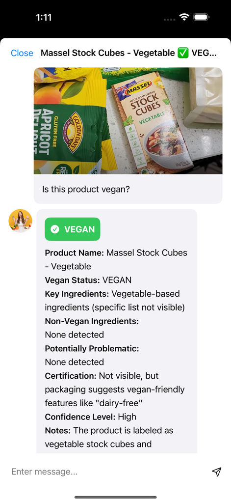 Vegan Check - A mobile interface of the Vegan Check app showing a successful AI scan result and ingredient analysis for vegetable stock cubes confirming they are vegan